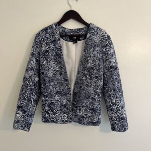 H&M Linen Cotton Blend Jacquard Abstract Patterned Blazer, Blue/White- Size 6